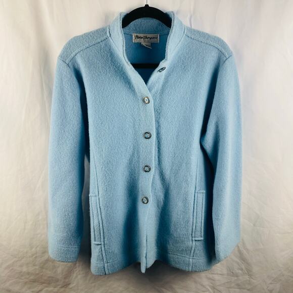 Vintage Norm Thompson Wool Light Baby Blue Cardigan Shacket Medium Preppy Cozy - Picture 1 of 6